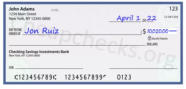 10020.00 dollars written on a check