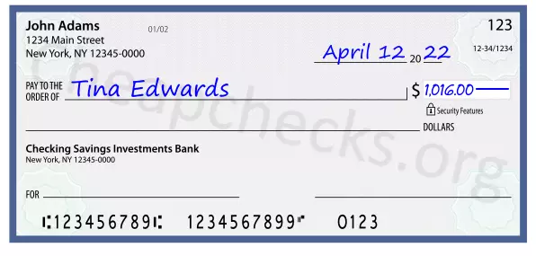 1016.00 dollars written on a check