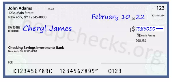 10850.00 dollars written on a check