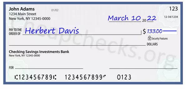 133.00 dollars written on a check