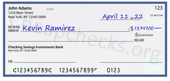 13747.00 dollars written on a check