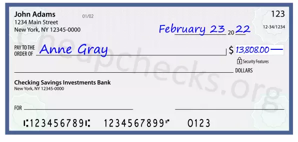 13808.00 dollars written on a check