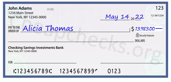 13983.00 dollars written on a check