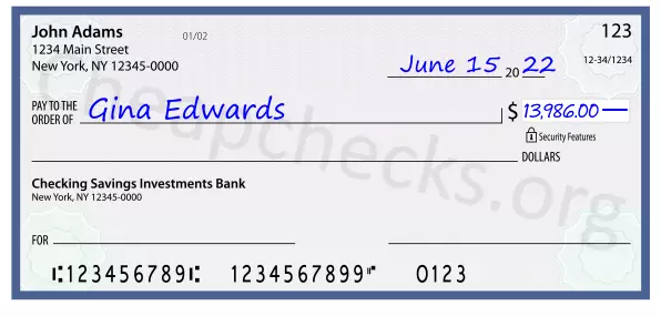 13986.00 dollars written on a check