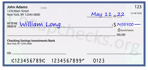 14557.00 dollars written on a check