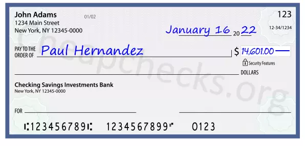 14601.00 dollars written on a check