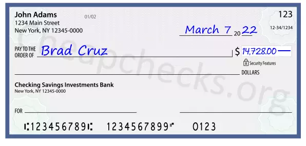 14728.00 dollars written on a check
