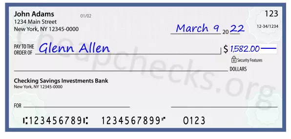 1582.00 dollars written on a check