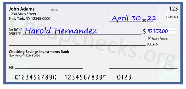 15958.00 dollars written on a check