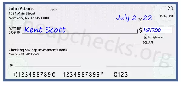 1647.00 dollars written on a check