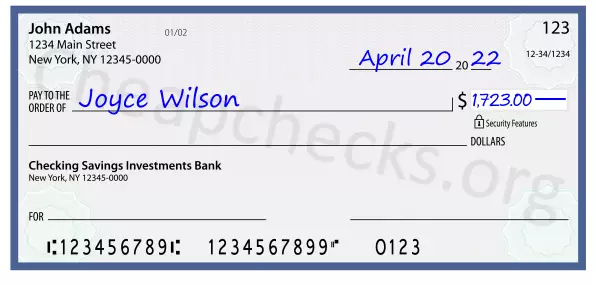 1723.00 dollars written on a check