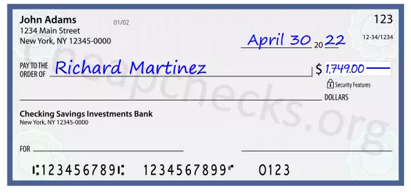 1749.00 dollars written on a check