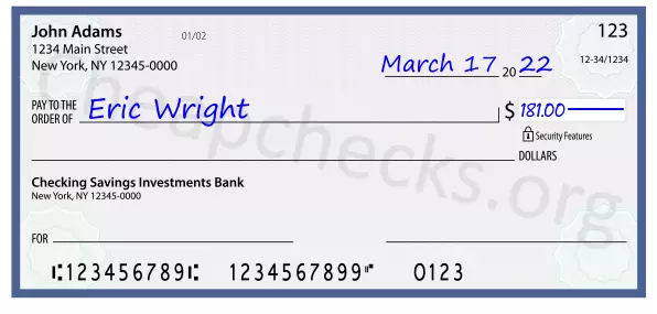 181.00 dollars written on a check