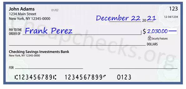 2030.00 dollars written on a check