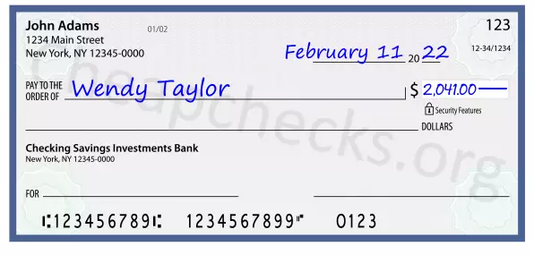 2041.00 dollars written on a check