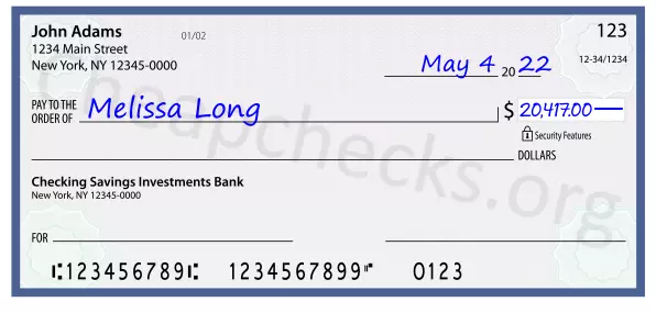 20417.00 dollars written on a check