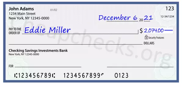 2074.00 dollars written on a check