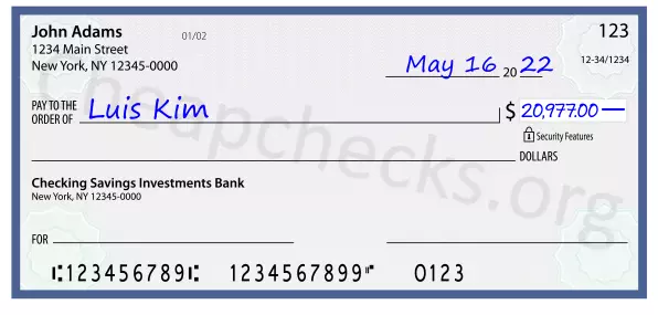 20977.00 dollars written on a check