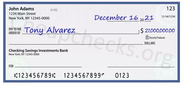 21000000.00 dollars written on a check