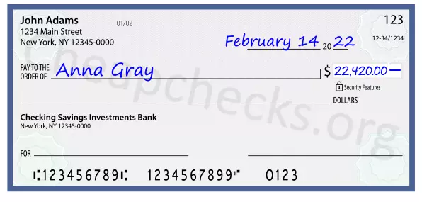 22420.00 dollars written on a check