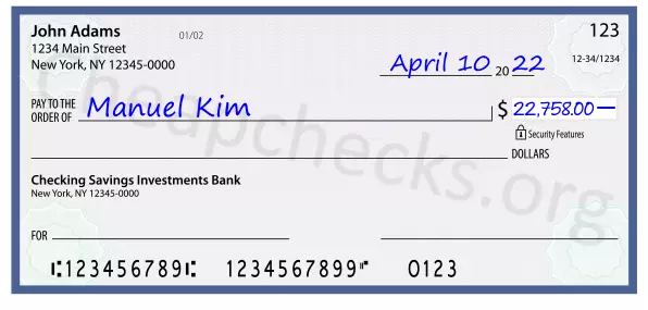 22758.00 dollars written on a check