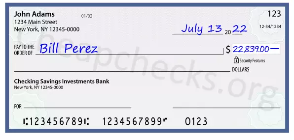 22839.00 dollars written on a check