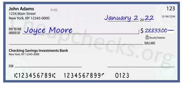 28833.00 dollars written on a check