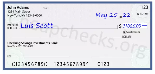 31026.00 dollars written on a check