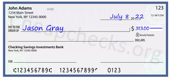 313.00 dollars written on a check