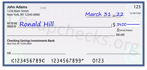 34.00 dollars written on a check