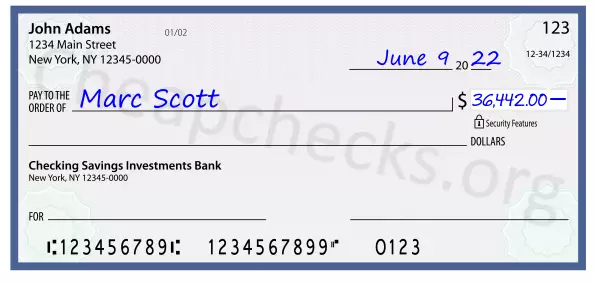 36442.00 dollars written on a check