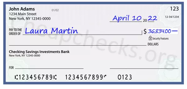 36834.00 dollars written on a check