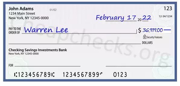 36919.00 dollars written on a check