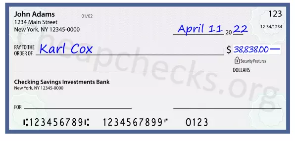 38838.00 dollars written on a check