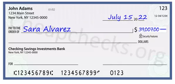 39007.00 dollars written on a check