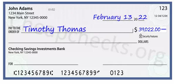 39022.00 dollars written on a check