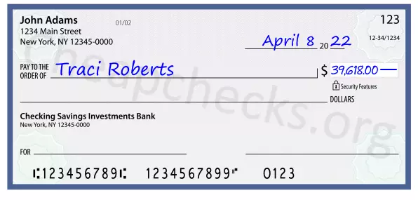 39618.00 dollars written on a check