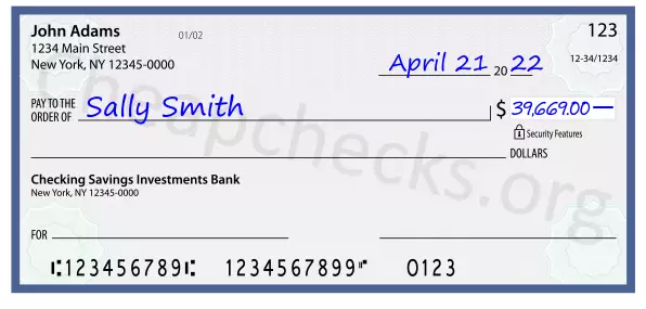 39669.00 dollars written on a check