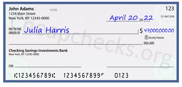 47000000.00 dollars written on a check