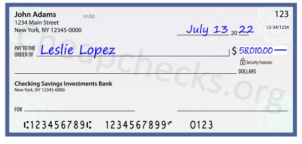 58010.00 dollars written on a check