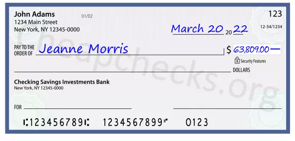 63809.00 dollars written on a check