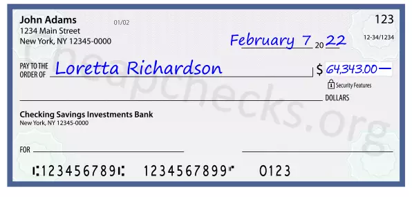 64343.00 dollars written on a check