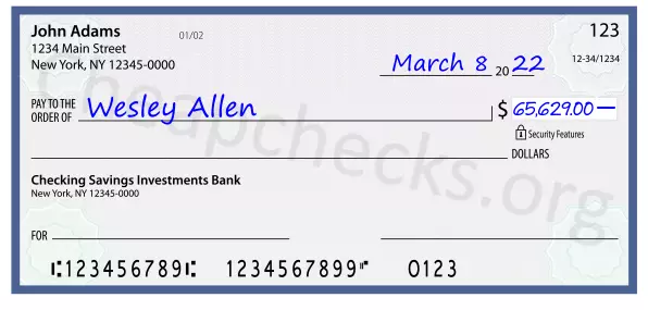 65629.00 dollars written on a check