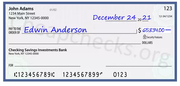 65834.00 dollars written on a check