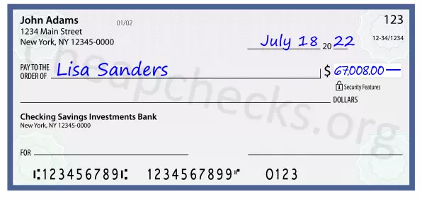 67008.00 dollars written on a check