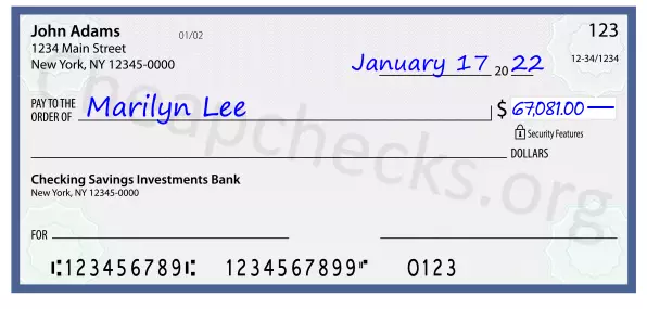 67081.00 dollars written on a check
