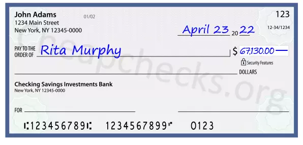 67130.00 dollars written on a check