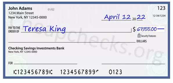 67155.00 dollars written on a check