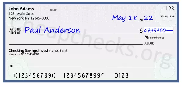 67457.00 dollars written on a check