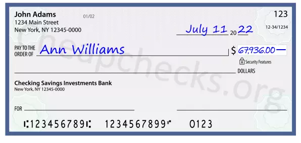 67936.00 dollars written on a check